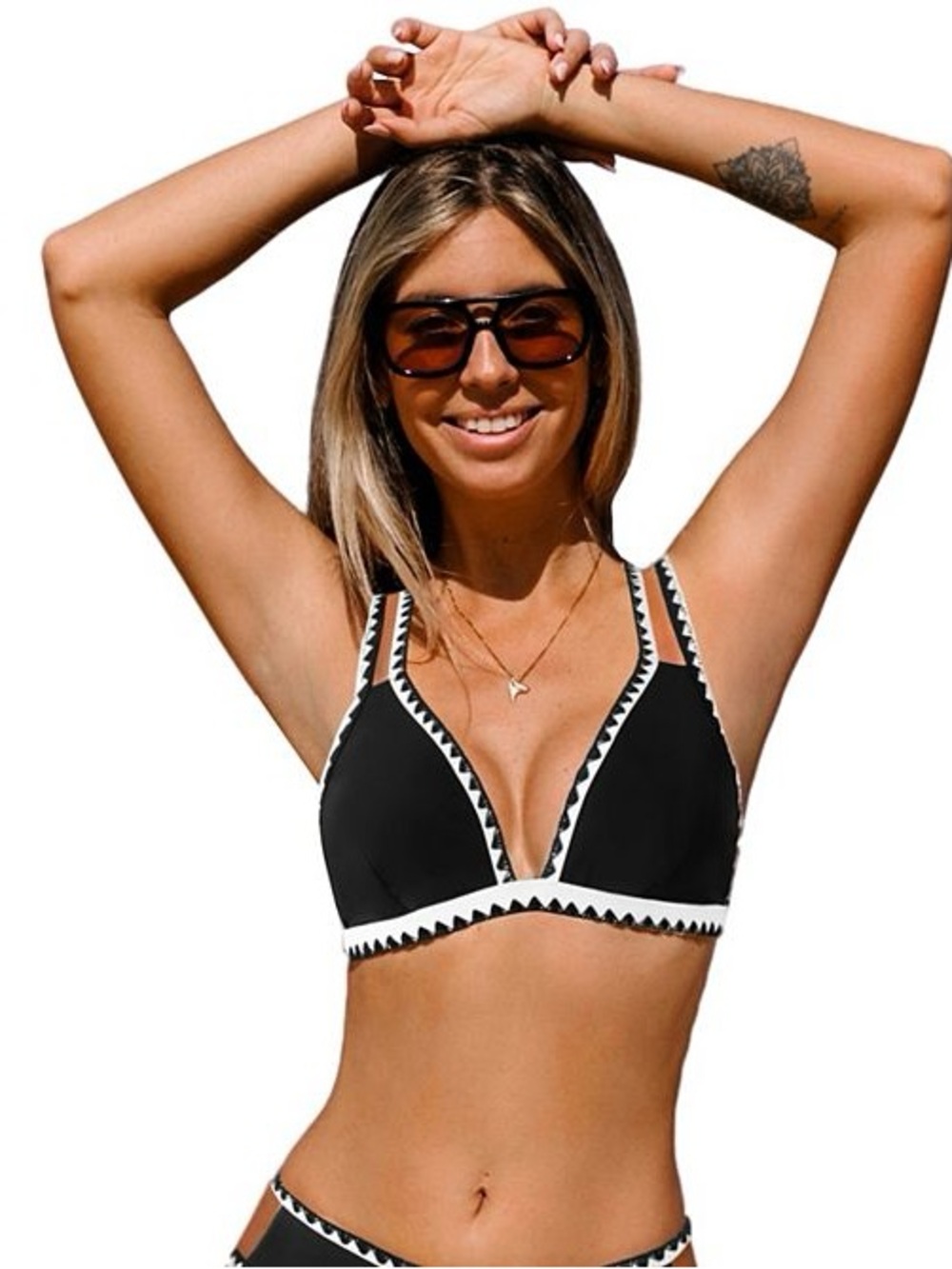 Cupshe XL Black Triangle Bikini Top with White Trim
